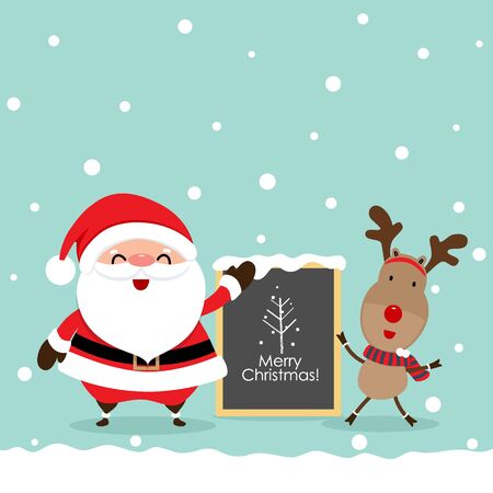 Holiday Christmas greeting card with Santa Claus, and reindeer. Vector illustration.のイラスト素材