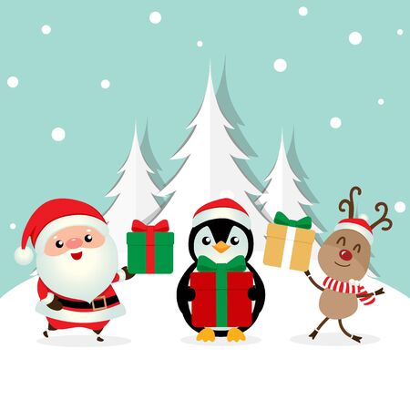 Christmas Greeting Card with Christmas Santa Claus ,Penguin and reindeer. Vector illustration.のイラスト素材