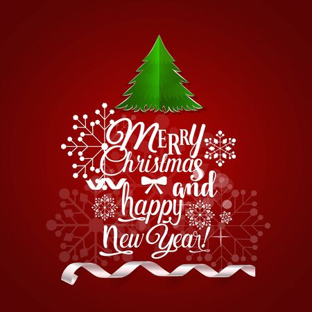 Christmas Greeting Card. Merry Christmas and Happy New Year lettering with Christmas tree, vector illustration.のイラスト素材