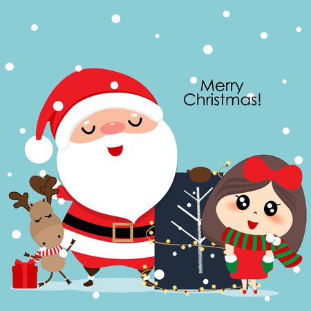 Christmas Greeting Card with Christmas Santa Claus, reindeer and cute girl. Vector illustration.のイラスト素材