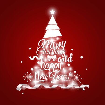 Christmas Greeting Card. Merry Christmas and Happy New Year lettering with Christmas tree, vector illustration.のイラスト素材