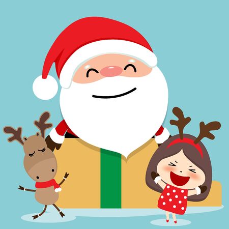 Christmas Greeting Card with Christmas Santa Claus, reindeer and cute girl. Vector illustration.のイラスト素材