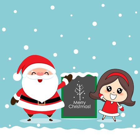 Santa Claus and Cute girl with santa costume. Christmas background. Christmas Greeting Card. Vector illustration.のイラスト素材
