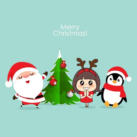Santa Claus, Penguin and Cute girl with santa costume. Christmas background. Christmas Greeting Card. Vector illustration.のイラスト素材