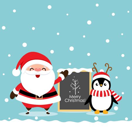 Holiday Christmas greeting card with Santa Claus and Penguins cartoon. Vector illustration.のイラスト素材