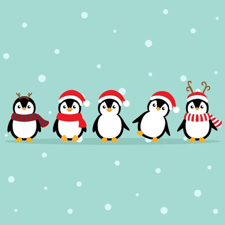 Holiday Christmas greeting card with Penguins cartoon. Vector illustration.のイラスト素材