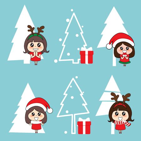Cute character girl with santa costume. Christmas background. Christmas Greeting Card. Vector illustration.のイラスト素材
