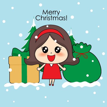 Cute character girl with santa costume. Christmas background. Christmas Greeting Card. Vector illustration.のイラスト素材