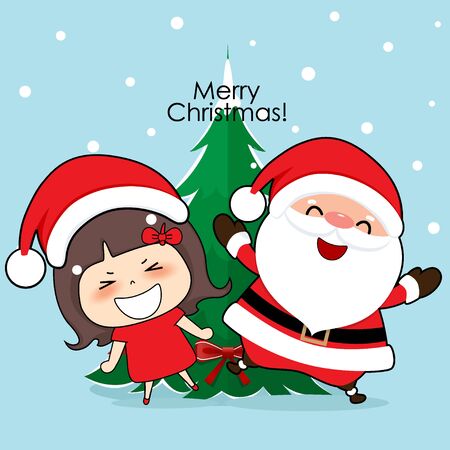 Santa Claus and cute character girl with santa costume. Christmas background. Christmas Greeting Card. Vector illustration.のイラスト素材