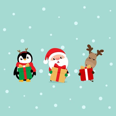 Christmas Greeting Card with Christmas Santa Claus ,Penguin and reindeer. Vector illustration.のイラスト素材