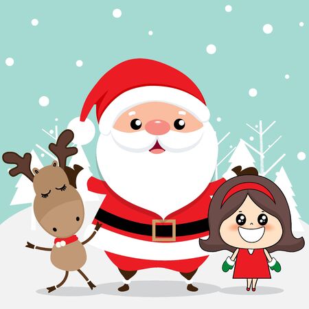 Christmas Greeting Card with Christmas Santa Claus, reindeer and cute girl. Vector illustration.のイラスト素材