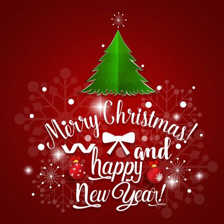 Christmas Greeting Card. Merry Christmas and Happy New Year lettering with Christmas tree, vector illustration.のイラスト素材