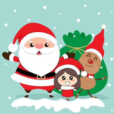 Christmas Greeting Card with Christmas Santa Claus, reindeer and cute girl. Vector illustration.のイラスト素材