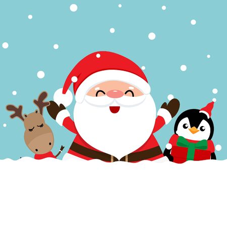 Holiday Christmas greeting card with Santa Claus, reindeer and Penguin cartoon. Vector illustration.のイラスト素材