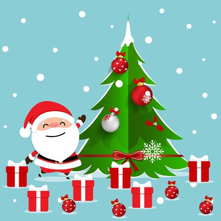 Christmas Greeting Card with Christmas Santa Claus and Christmas tree, vector illustration.のイラスト素材