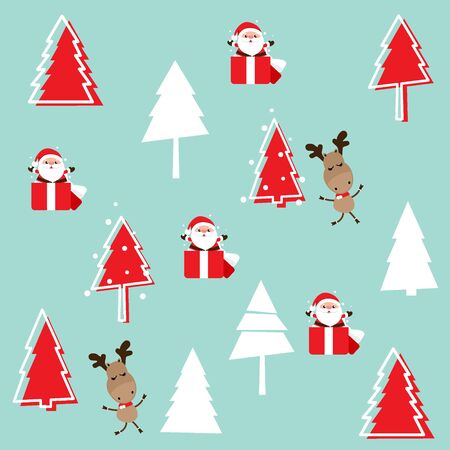 Holiday Christmas greeting card with Santa Claus, and reindeer. Vector illustration.のイラスト素材
