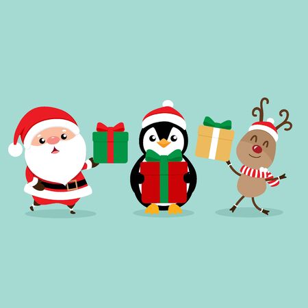 Holiday Christmas greeting card with Santa Claus, reindeer and Penguin cartoon. Vector illustration.のイラスト素材