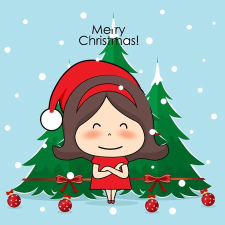 Cute character girl with santa costume. Christmas background. Christmas Greeting Card. Vector illustration.のイラスト素材
