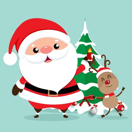 Holiday Christmas greeting card with Santa Claus, and reindeer. Vector illustration.のイラスト素材