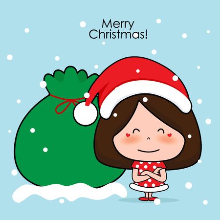 Cute character girl with santa costume. Christmas background. Christmas Greeting Card. Vector illustration.のイラスト素材
