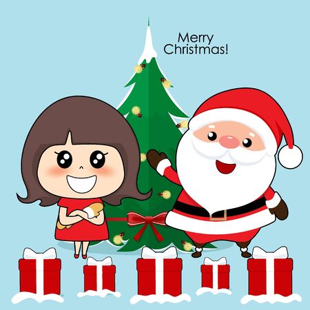 Santa Claus and cute character girl with santa costume. Christmas background. Christmas Greeting Card. Vector illustration.のイラスト素材