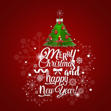 Christmas Greeting Card. Merry Christmas and Happy New Year lettering with Christmas tree, vector illustration.のイラスト素材