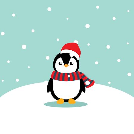 Holiday Christmas greeting card with Penguin cartoon. Vector illustration.のイラスト素材