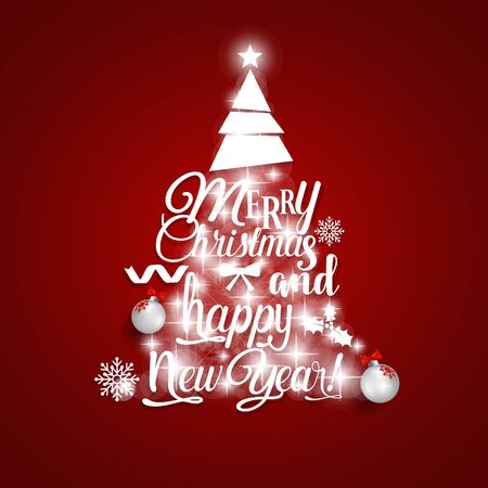 Christmas Greeting Card. Merry Christmas and Happy New Year lettering with Christmas tree, vector illustration.のイラスト素材