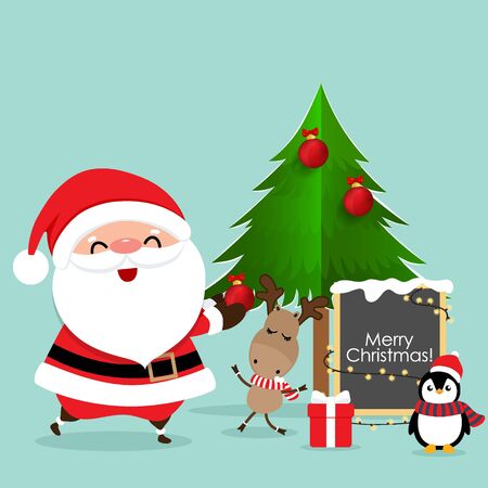 Holiday Christmas greeting card with Santa Claus, reindeer and Penguin cartoon. Vector illustration.のイラスト素材