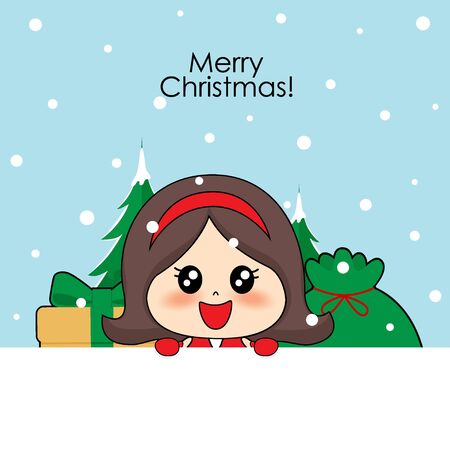 Cute character girl with santa costume. Christmas background. Christmas Greeting Card. Vector illustration.のイラスト素材