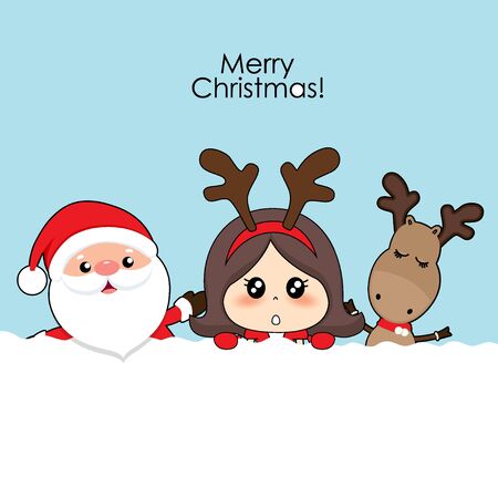 Santa Claus, Cute reindeer, and Cute character girl with santa costume. Christmas background. Christmas Greeting Card. Vector illustration.のイラスト素材