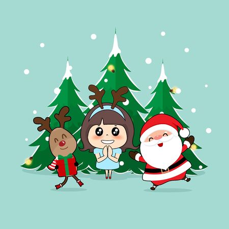 Christmas Greeting Card with Christmas Santa Claus, reindeer and cute girl. Vector illustration.のイラスト素材