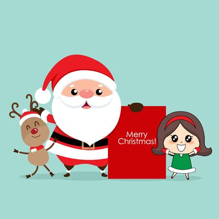 Christmas Greeting Card with Christmas Santa Claus, reindeer and cute girl. Vector illustration.のイラスト素材