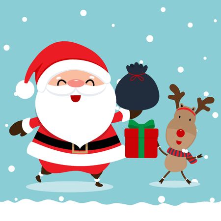 Holiday Christmas greeting card with Santa Claus, and reindeer. Vector illustration.のイラスト素材