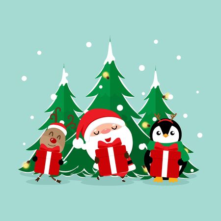 Christmas Greeting Card with Christmas Santa Claus ,Penguin and reindeer. Vector illustration.のイラスト素材