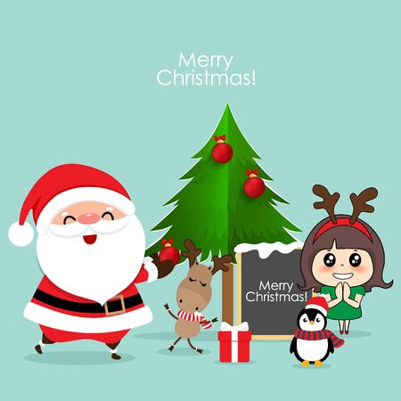 Christmas Greeting Card with Christmas Santa Claus, Penguin, reindeer and cute girl. Vector illustration.のイラスト素材