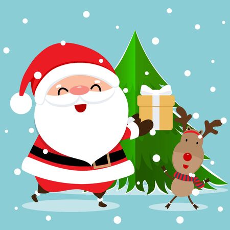 Holiday Christmas greeting card with Santa Claus, and reindeer. Vector illustration.のイラスト素材