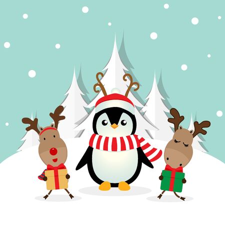 Holiday Christmas greeting card with Santa Claus, reindeer and Penguins cartoon. Vector illustration.のイラスト素材