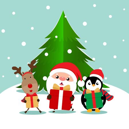 Holiday Christmas greeting card with Santa Claus, reindeer and Penguin cartoon. Vector illustration.のイラスト素材