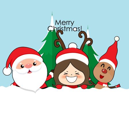 Santa Claus, Cute reindeer, and Cute character girl with santa costume. Christmas background. Christmas Greeting Card. Vector illustration.のイラスト素材