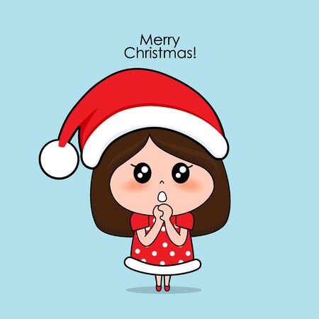 Cute character girl with santa costume. Christmas background. Christmas Greeting Card. Vector illustration.のイラスト素材