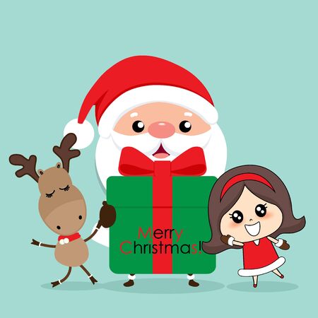 Christmas Greeting Card with Christmas Santa Claus, reindeer and cute girl. Vector illustration.のイラスト素材