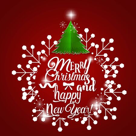Christmas Greeting Card. Merry Christmas and Happy New Year lettering with Christmas tree, vector illustration.のイラスト素材