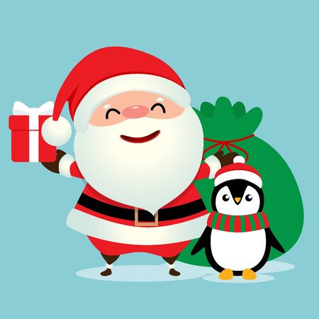 Holiday Christmas greeting card with Santa Claus, and Penguin cartoon. Vector illustration.のイラスト素材