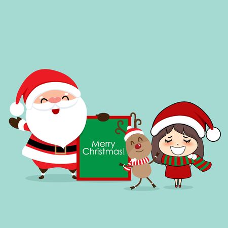 Christmas Greeting Card with Christmas Santa Claus, reindeer and cute girl. Vector illustration.のイラスト素材