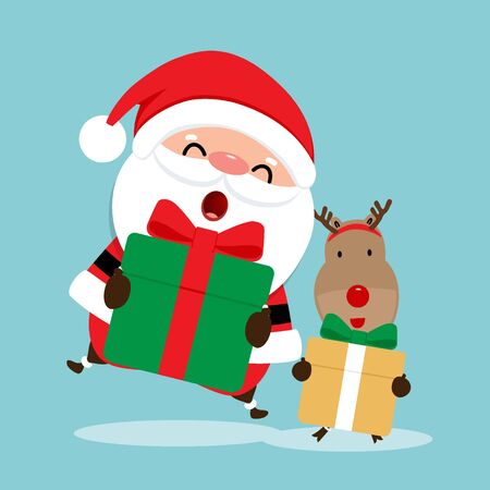 Holiday Christmas greeting card with Santa Claus, and reindeer. Vector illustration.のイラスト素材