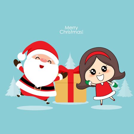 Santa Claus and Cute girl with santa costume. Christmas background. Christmas Greeting Card. Vector illustration.のイラスト素材