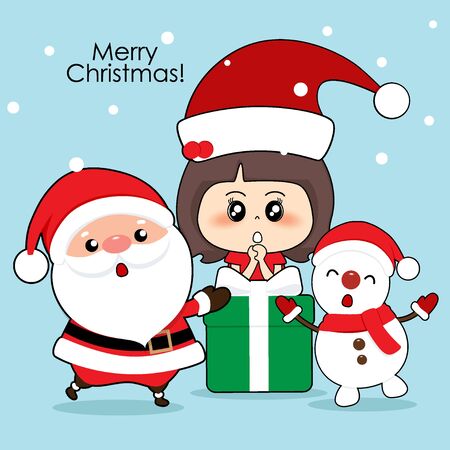 Santa Claus and cute character girl with santa costume. Christmas background. Christmas Greeting Card. Vector illustration.のイラスト素材