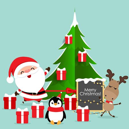 Holiday Christmas greeting card with Santa Claus, reindeer and Penguin cartoon. Vector illustration.のイラスト素材