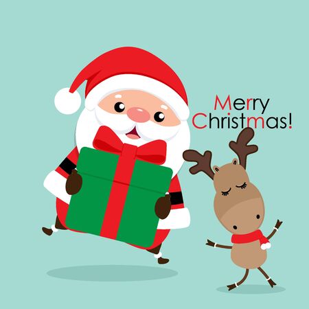 Holiday Christmas greeting card with Santa Claus, and reindeer. Vector illustration.のイラスト素材